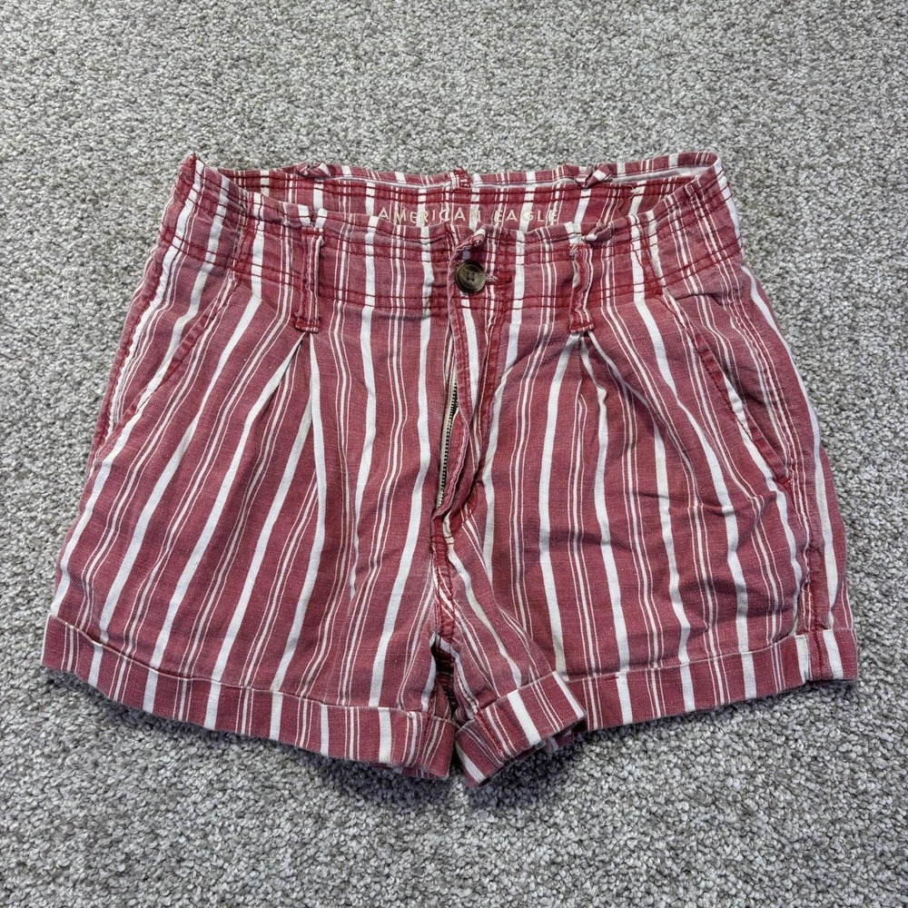 American Eagle Outfitters Shorts Womens 2 Red White Striped Linen Chino Cuffed